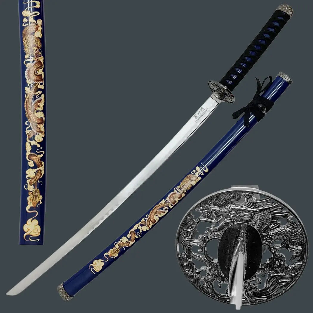 39.5" Dragon Print Design Carbon Steel Samurai Sword – Blue Japanese Katana with Scabbard - Prime Amigo Blades