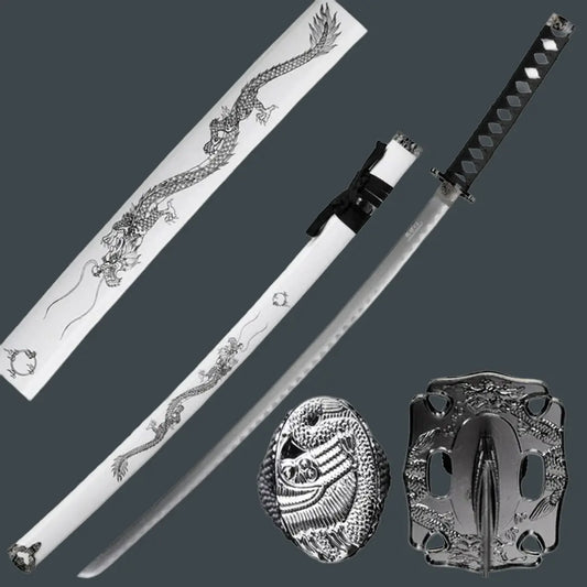 39.5" Dragon Print Design Carbon Steel Samurai Sword – Blue Japanese Katana with Scabbard - Prime Amigo Blades