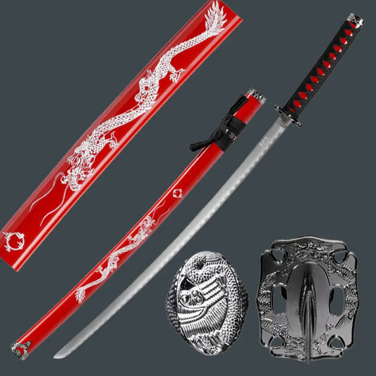 39.5" Dragon Print Design Carbon Steel Samurai Sword – Blue Japanese Katana with Scabbard - Prime Amigo Blades