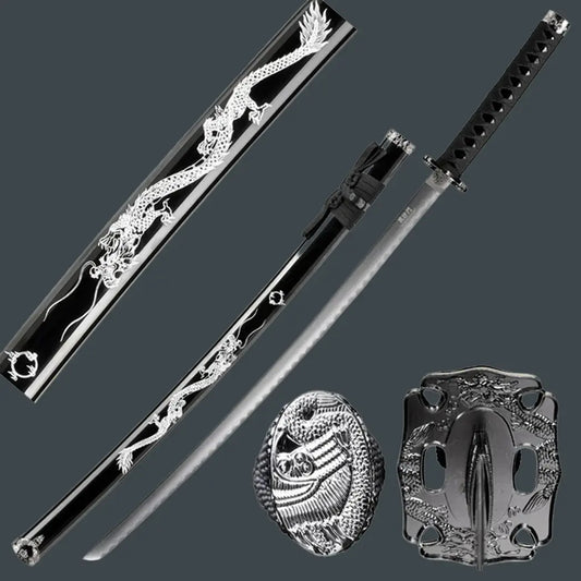 39.5" Dragon Print Design Carbon Steel Samurai Sword – Blue Japanese Katana with Scabbard - Prime Amigo Blades