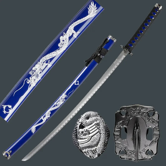 39.5" Dragon Print Design Carbon Steel Samurai Sword – Blue Japanese Katana with Scabbard - Prime Amigo Blades
