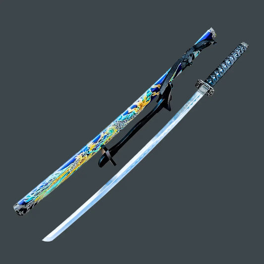 40" Black Dragon Design Japanese Samurai Katana Sword with Display Stand – Carbon Steel Collector Katana - Prime Amigo Blades
