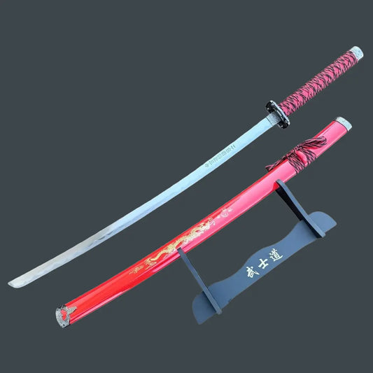 39.5" White Dragon Design Samurai Katana Sword with Display Stand – Carbon Steel Japanese Katana for Collectors - Prime Amigo Blades