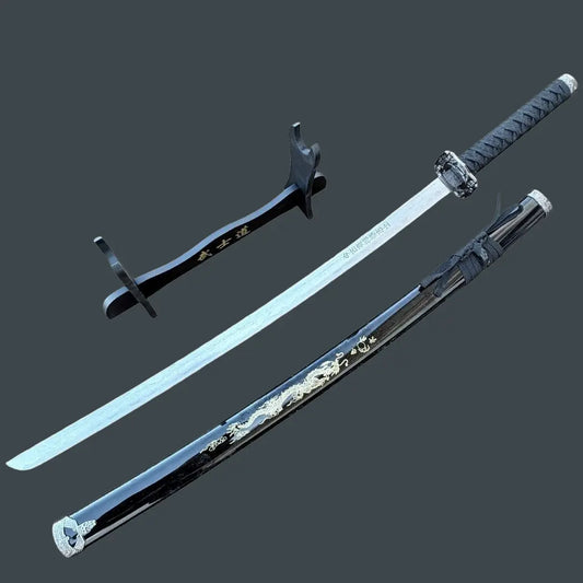 39.5" White Dragon Design Samurai Katana Sword with Display Stand – Carbon Steel Japanese Katana for Collectors - Prime Amigo Blades