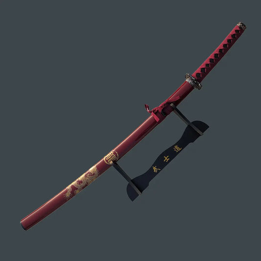 40 Red Katana Gold Dragon Japanese Samurai Sword with Display Stand – Carbon Steel Collector Katana - Prime Amigo Blades