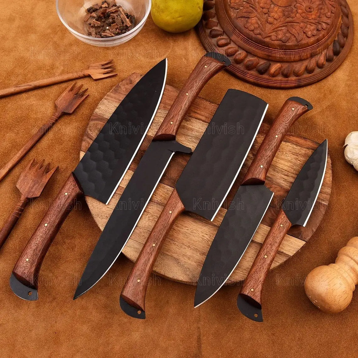 Custom Engraved 5 PCS Kitchen Knife Set Handmade High Carbon Steel Chef Knife Collection Gift for Chef - Prime Amigo Blades