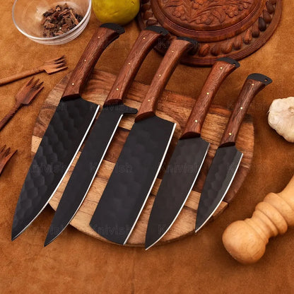 Custom Engraved 5 PCS Kitchen Knife Set Handmade High Carbon Steel Chef Knife Collection Gift for Chef - Prime Amigo Blades