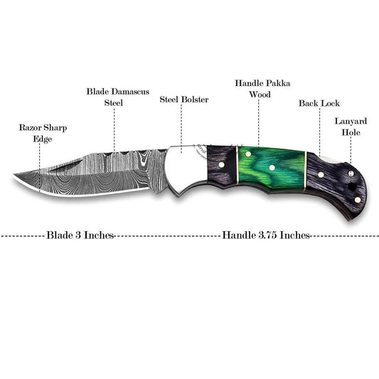 Artisan Damascus Steel Folding Knife – Handmade EDC Pocket Knife for Outdoorsmen - Prime Amigo Blades