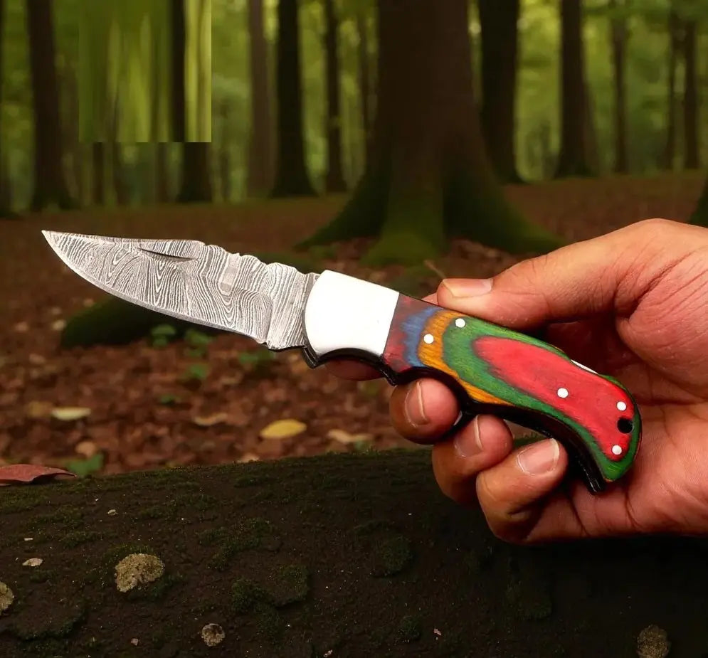 Artisan Damascus Steel Folding Knife – Handmade EDC Pocket Knife for Outdoorsmen - Prime Amigo Blades
