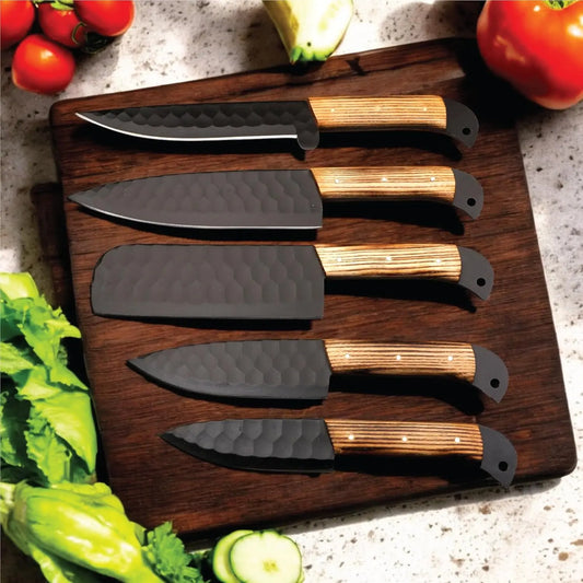 Premium 5 PCS Kitchen Knife Set Handmade High Carbon Steel Chef Knives Custom Engraved Cooking Gift - Prime Amigo Blades