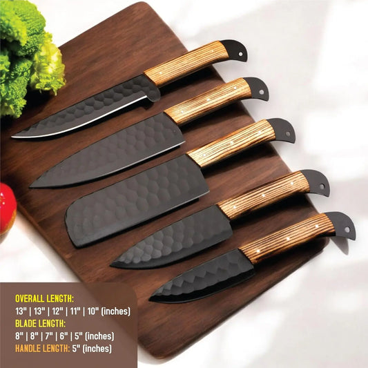 Premium 5 PCS Kitchen Knife Set Handmade High Carbon Steel Chef Knives Custom Engraved Cooking Gift - Prime Amigo Blades