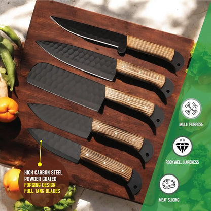 Premium 5 PCS Kitchen Knife Set Handmade High Carbon Steel Chef Knives Custom Engraved Cooking Gift - Prime Amigo Blades