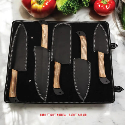Premium 5 PCS Kitchen Knife Set Handmade High Carbon Steel Chef Knives Custom Engraved Cooking Gift - Prime Amigo Blades