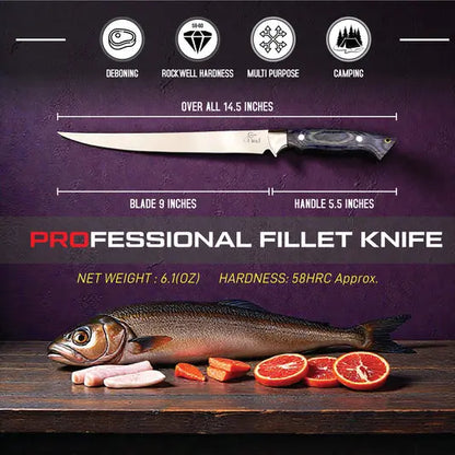 Professional 9 Inch Fillet & Boning Knife Stainless Steel Blade Pakka Wood Handle Razor Sharp Fish Knife - Prime Amigo Blades